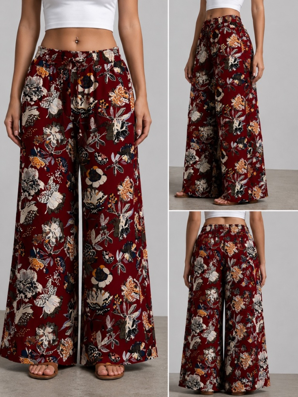 Casual Boho Burgundy Bold Floral • HighRise • Wide-Leg • Tassel Tie Palazzo Pant